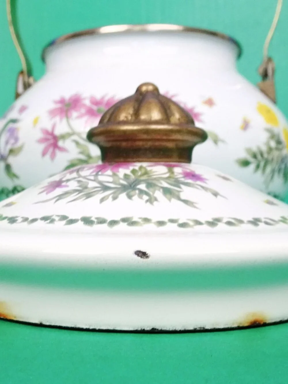 Vintage Lincoware Flowers Butterflies Enamel on Metal Tea Pot Kettle Farmhouse